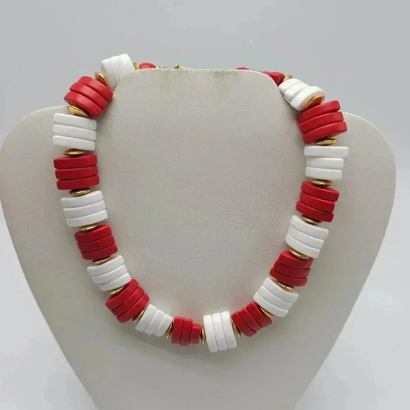 Vintage 1986 Avon Red White Spectator Lucite Beaded Choker Necklace - Picture 4 of 7